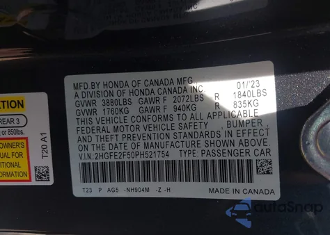 2023 Honda Civic Sport from USA, damaged, VIN 2HGFE2F50PH521754